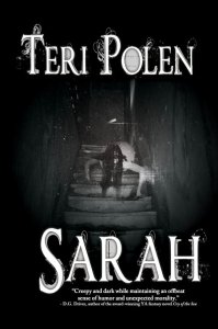 Book cover for the novel SARAH shows girl with long black hair hiding her face crawling down steps from attic door
